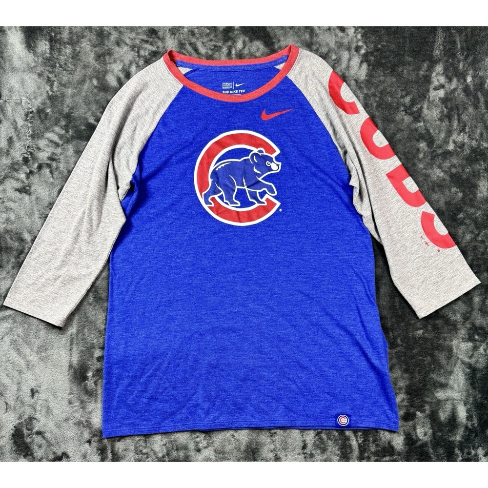 Nike Chicago Cubs Women's Large 3/4 Sleeve Raglan Shirt Blue Gray MLB Baseball